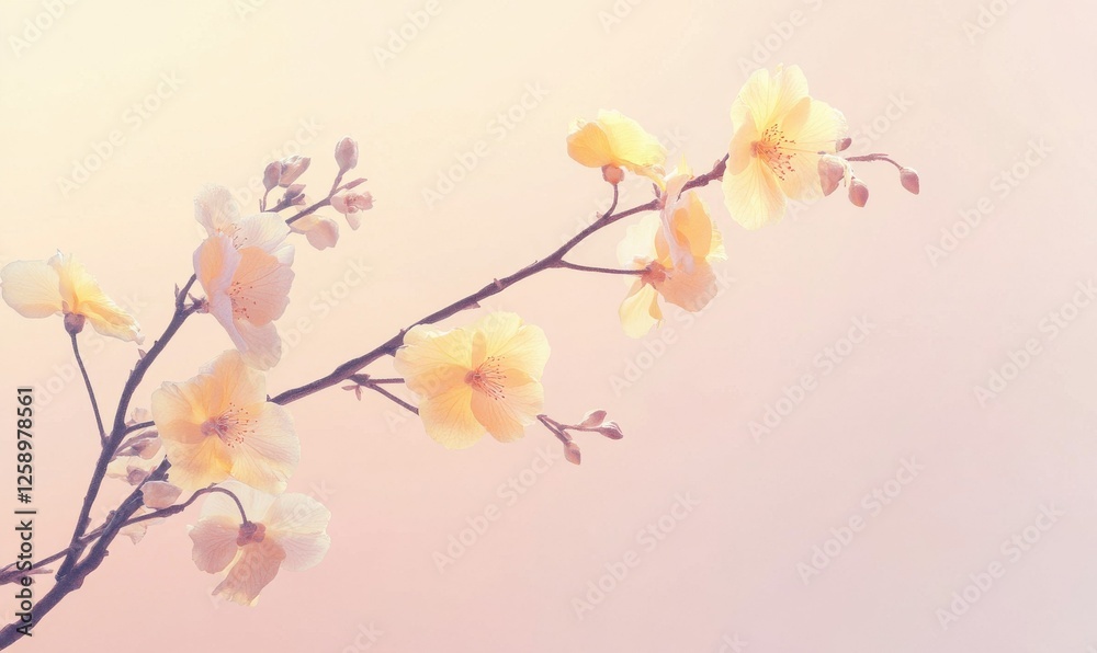Bright yellow flower branch set against a soft pastel background, highlighting delicate textures and the vibrancy of nature. Bright yellow flower branch set against a soft pastel background, highlighting delicate textures and the vibrancy of nature.