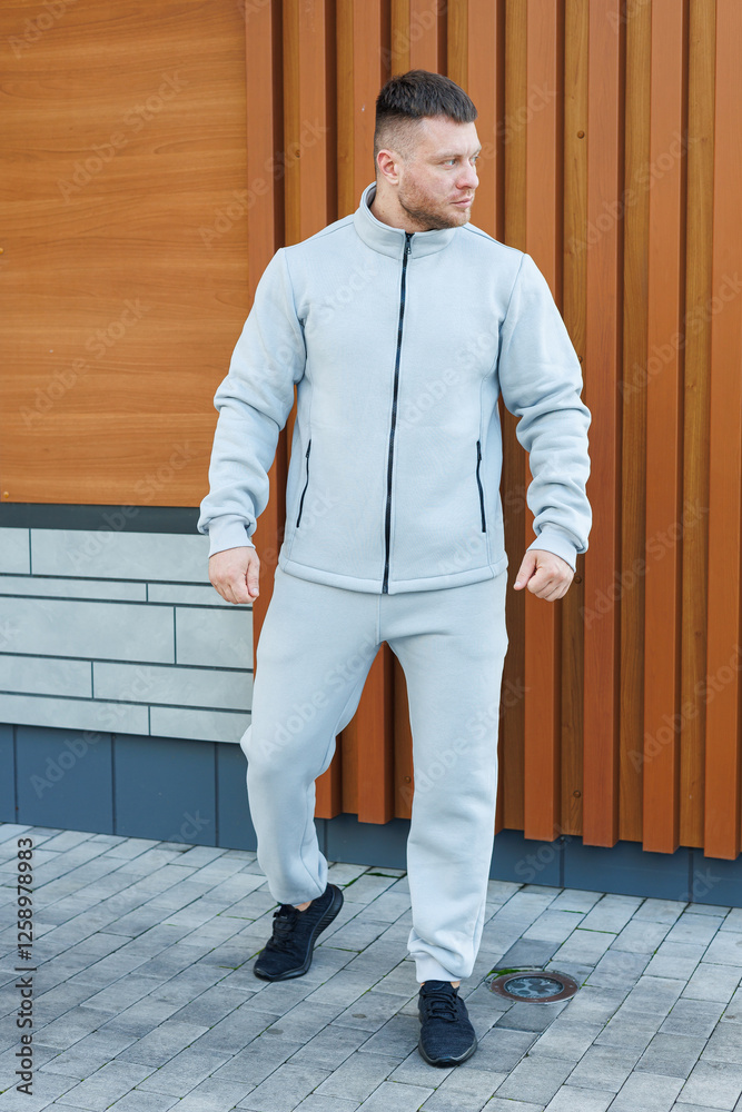 Man in a gray tracksuit. Men's fleece suit for cold walks. Men's fashion.