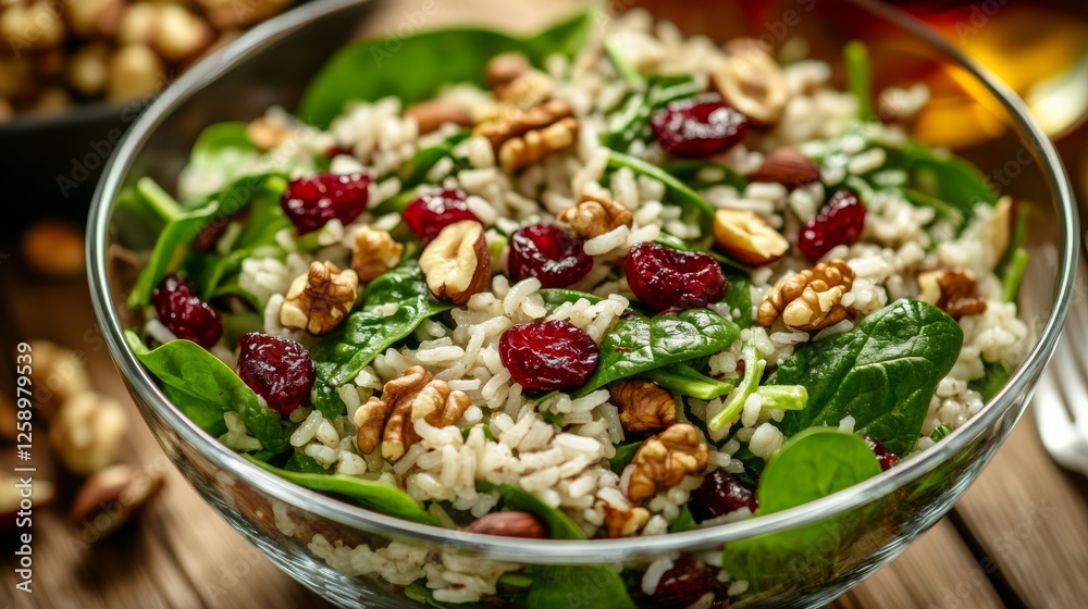 Close-up of rice and spinach salad with walnuts and cranberries in a clear glass bowl, emphasizing crunchy and sweet flavors. Ideal for healthy eating and side dishes. Close-up of rice and spinach salad with walnuts and cranberries in a clear glass bowl, emphasizing crunchy and sweet flavors. Ideal for healthy eating and side dishes.