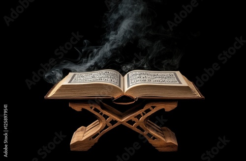 Quran on Wooden Stand: Mystical Smoke, Arabic Calligraphy photo