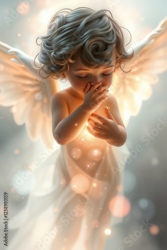 Ethereal image of Cupid with light aura and mystical feeling in dreamy creative light art style