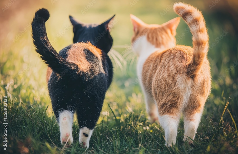 Obraz premium Warm spring garden path is shared by two striped cat lovers, whose tails intertwine as they walk side by side on a sunny day.