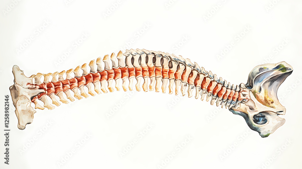 Detailed anatomical view of a human spine showcasing vertebrae and nerves for educational or medical use. Music-Fueled Worlds. Illustration