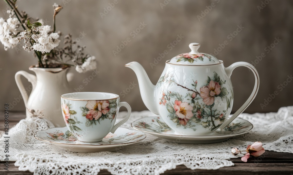 Elegant porcelain tea set with delicate floral patterns, placed on a rustic lace tablecloth, capturing vintage charm Elegant porcelain tea set with delicate floral patterns, placed on a rustic lace tablecloth, capturing vintage charm