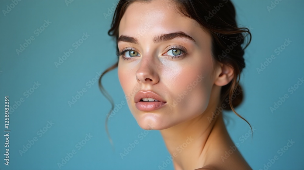 A serene portrait of a young woman against a soft blue background. A serene portrait of a young woman against a soft blue background.