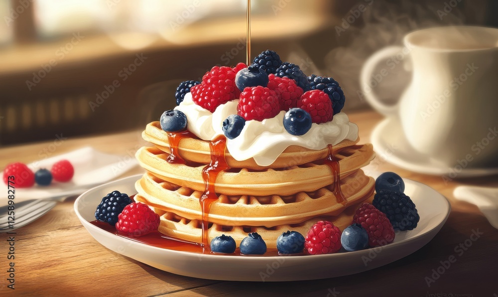 custom made wallpaper toronto digitalDelicious waffles topped with fresh berries, whipped cream, and a drizzle of syrup, set on a rustic wooden table for a perfect breakfast