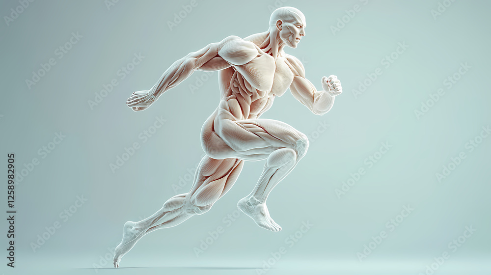Digital rendering of a muscular human figure in a dynamic pose, illustrating motion and anatomy. Music-Fueled Worlds. Illustration Digital rendering of a muscular human figure in a dynamic pose, illustrating motion and anatomy. Music-Fueled Worlds. Illustration