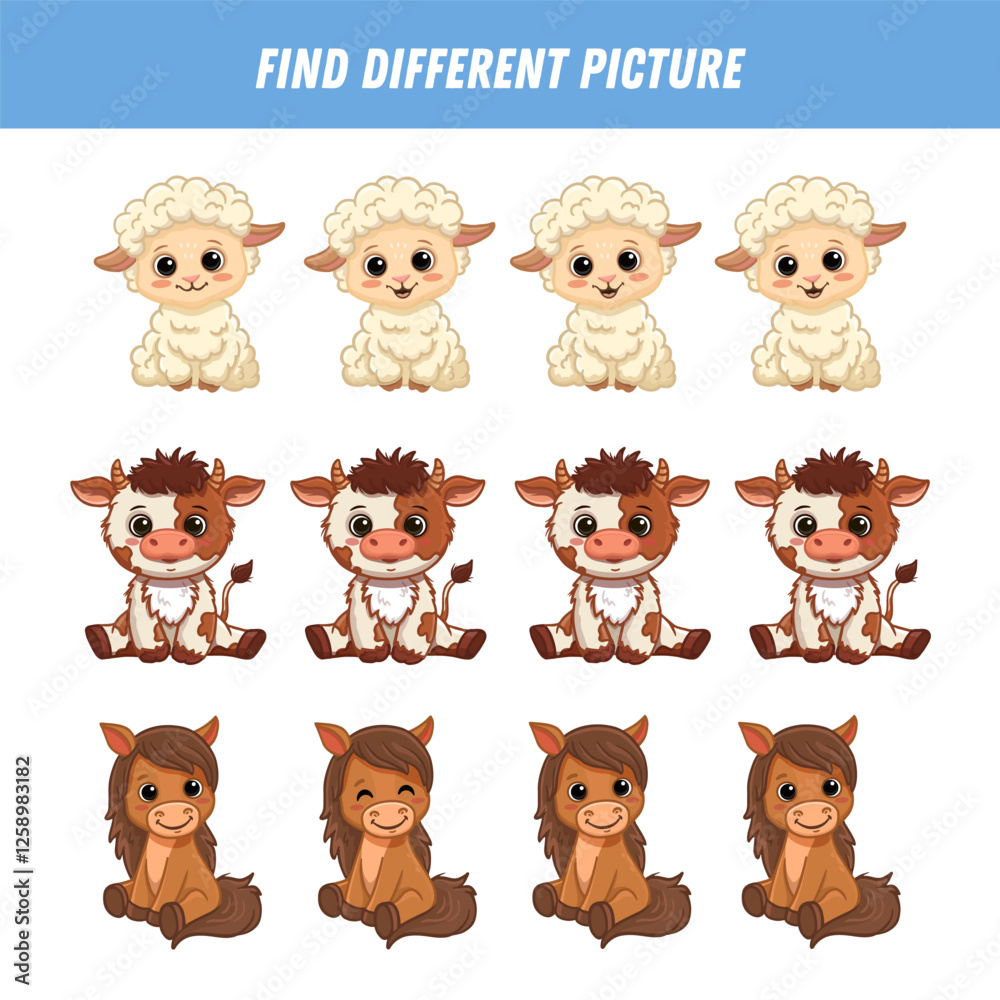 Fototapeta premium Find different animal picture in each row. Logical game for kids. Cartoon sheep, cow, horse. Vector illustration 