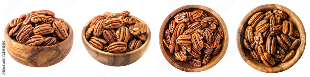 Pecans in a wooden bowl isolated on transparent background ,PNG, set of Pecans in a wooden bowl isolated on transparent background ,PNG, set of