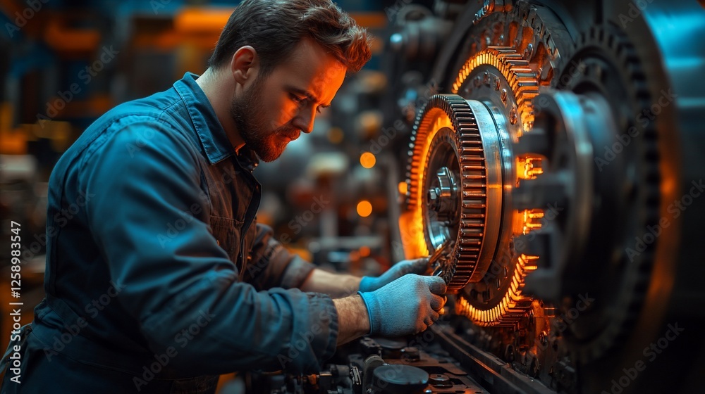 Skilled technician working on intricate machinery in a vibrant industrial workshop Skilled technician working on intricate machinery in a vibrant industrial workshop