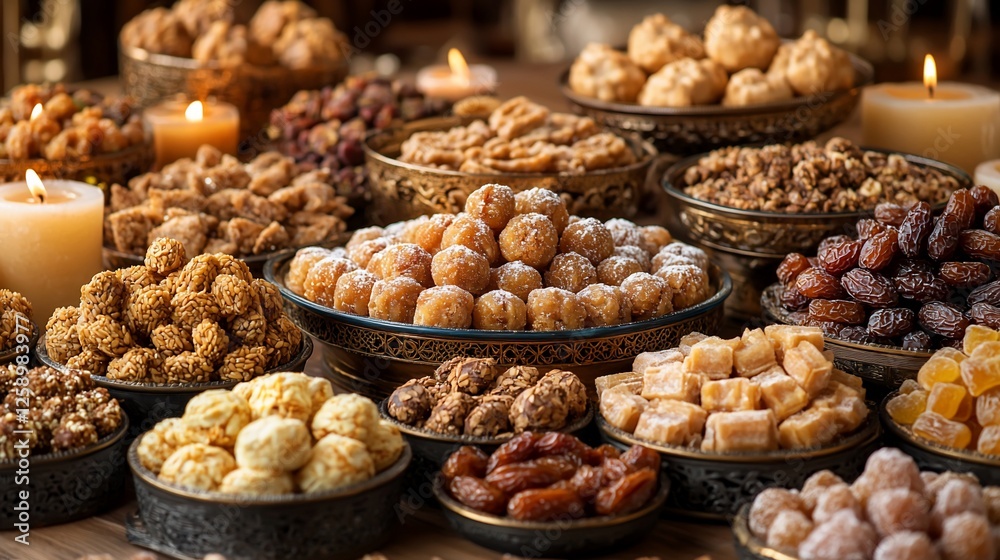 Fototapeta premium A vibrant display of assorted traditional sweets and snacks on decorative plates, with candles