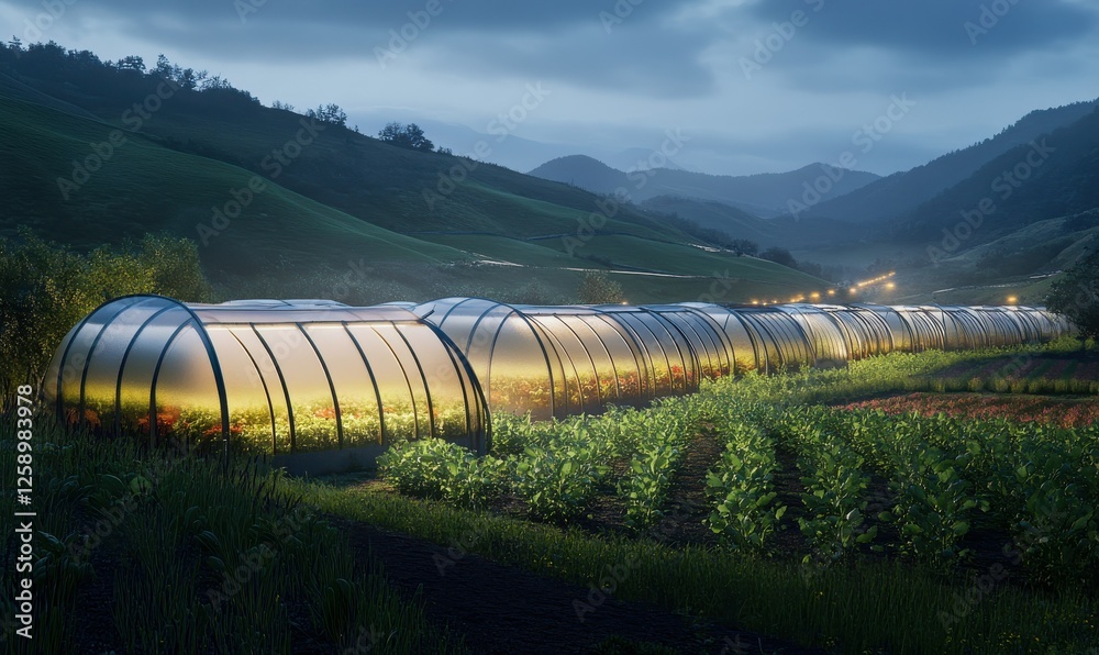 Modern farm with glowing greenhouses amidst rolling hills, demonstrating innovation in agriculture. Modern farm with glowing greenhouses amidst rolling hills, demonstrating innovation in agriculture.