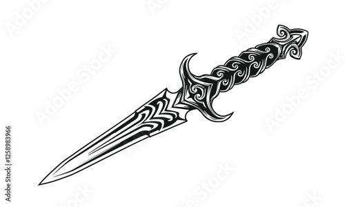 Ornate dagger Illustration, intricate handle design, tatto style, black and white design, vintage drawing, hand drawn style design isolated on a white background