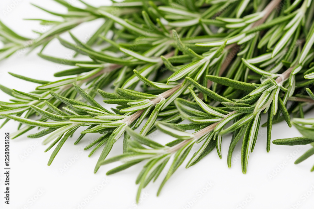 Fresh rosemary sprigs arranged on a white surface Fresh rosemary sprigs arranged on a white surface
