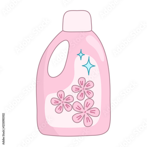 Pink bottle with cleaning or washing detergent, decorated with flowers, vector