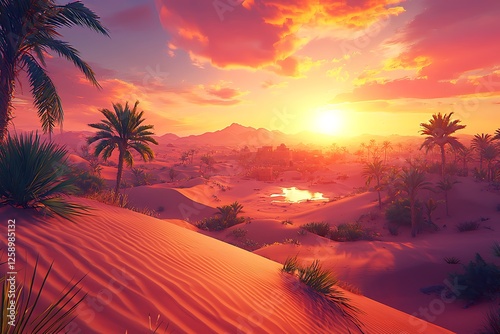 Mystical sunset over a desert with glowing sand dunes a radiant orange sky and a shimmering oasis in the distance