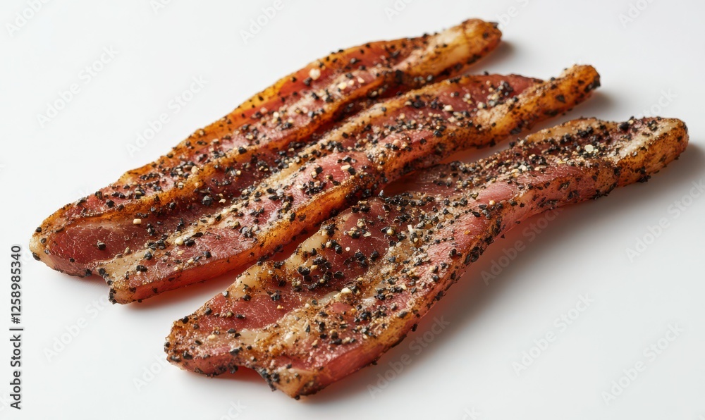 Sliced natural bacon seasoned with black peppe image Sliced natural bacon seasoned with black peppe image