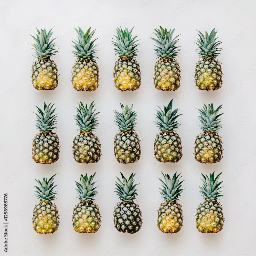 A neat grid arrangement of ripe pineapples with green tops, set against a clean, bright background.