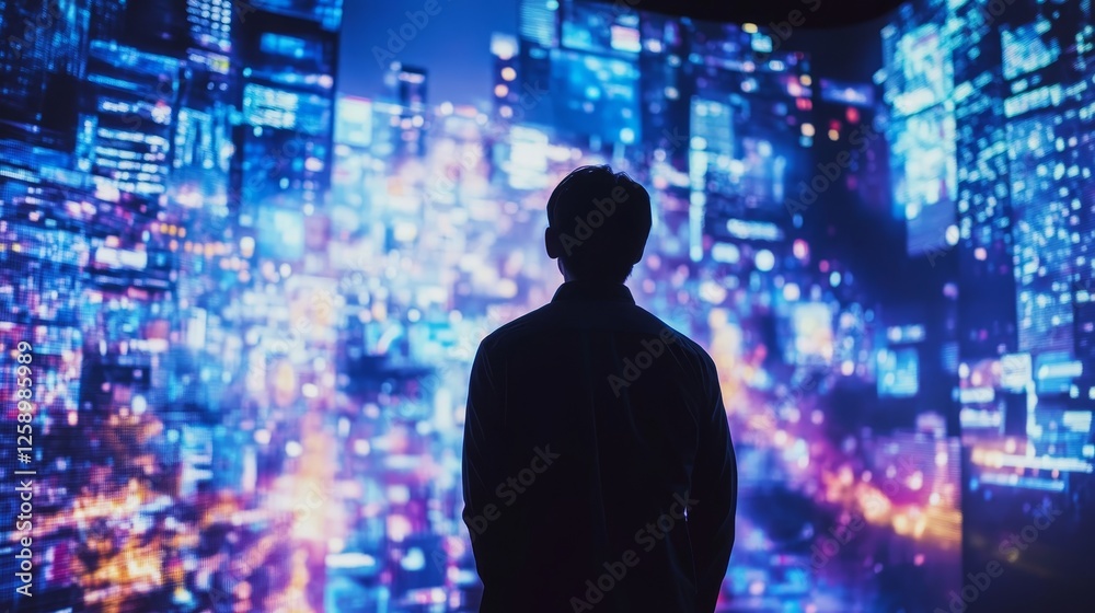 A man stands in front of a large screen displaying a city at night. He is looking at the screen intently, perhaps admiring the view or waiting for something to happen A man stands in front of a large screen displaying a city at night. He is looking at the screen intently, perhaps admiring the view or waiting for something to happen
