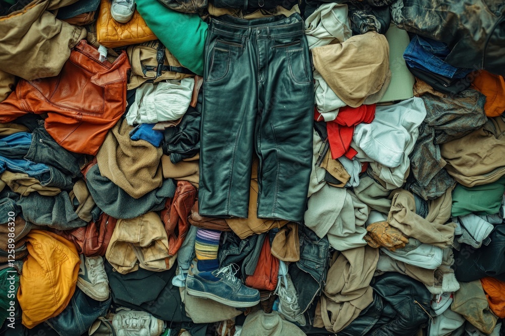 A collection of clothing items stacked haphazardly features leather pants, colorful socks, and shoes, showcasing unique thrift store finds A collection of clothing items stacked haphazardly features leather pants, colorful socks, and shoes, showcasing unique thrift store finds