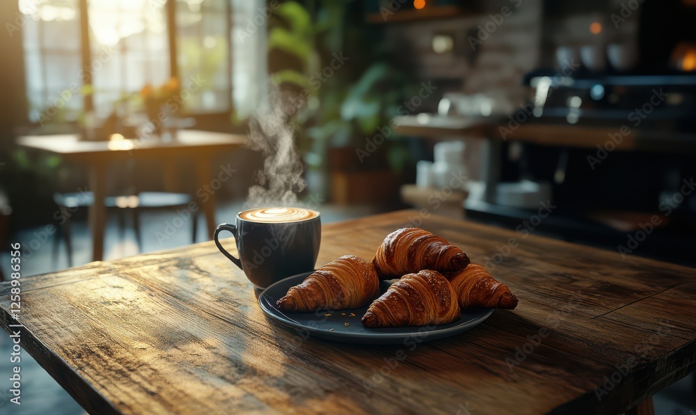Rustic wooden table with golden croissants and a steaming espresso, creating a cozy morning cafe atmosphere Rustic wooden table with golden croissants and a steaming espresso, creating a cozy morning cafe atmosphere