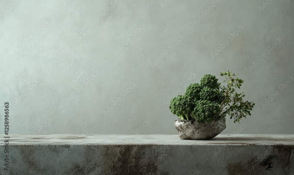 Fresh green broccoli placed on a rustic wooden table with a light grey textured background, highlighting organic produce and minimalist food concepts Fresh green broccoli placed on a rustic wooden table with a light grey textured background, highlighting organic produce and minimalist food concepts