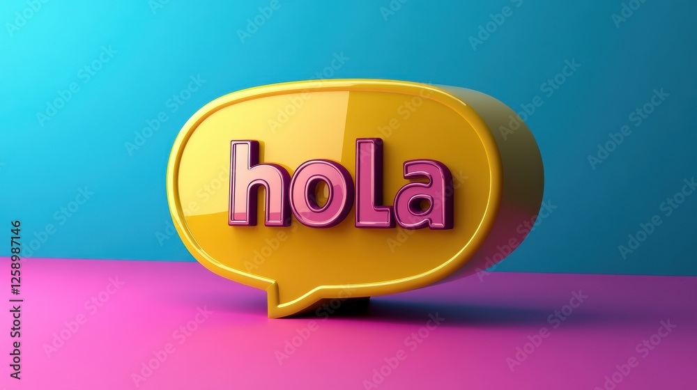 a 3D yellow icon of a chat bubble with the text HOLA inside, on a pink blue solid background a 3D yellow icon of a chat bubble with the text HOLA inside, on a pink blue solid background