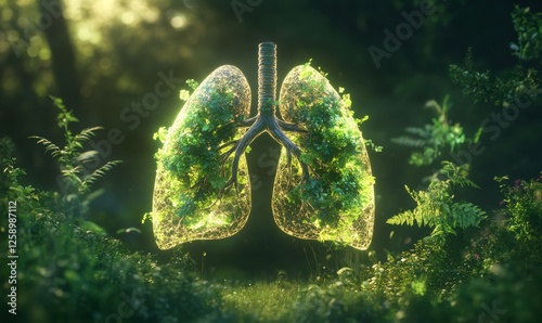 Lungs glowing with intricate green details, surrounded by flourishing trees, representing the bond between human health and the Earth.