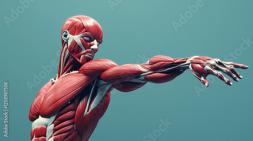 Fototapeta Naklejka Na Ścianę i Meble -  3d anatomical illustration of human muscle structure showing arm and torso. Music-Fueled Worlds. Illustration