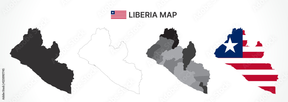 Fototapeta premium Detailed Liberia Map Collection with Outline, Silhouette, Counties, and Flag Overlay Variations