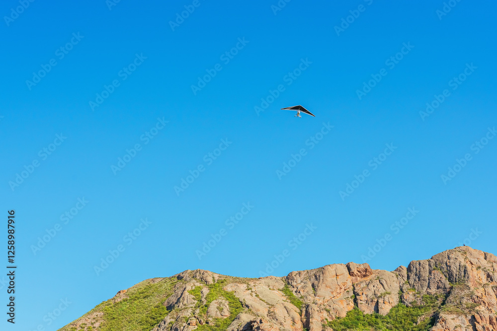 Fototapeta premium Hang glider for riding tourists in the field. Two-seater hang glider flying in the sky