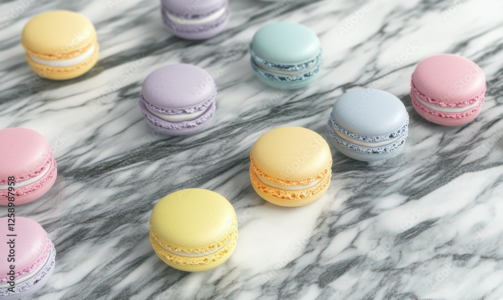 Fototapeta premium Vibrantly colored macarons neatly arranged on a marble surface, their pastel tones creating a delightful and elegant dessert presentation