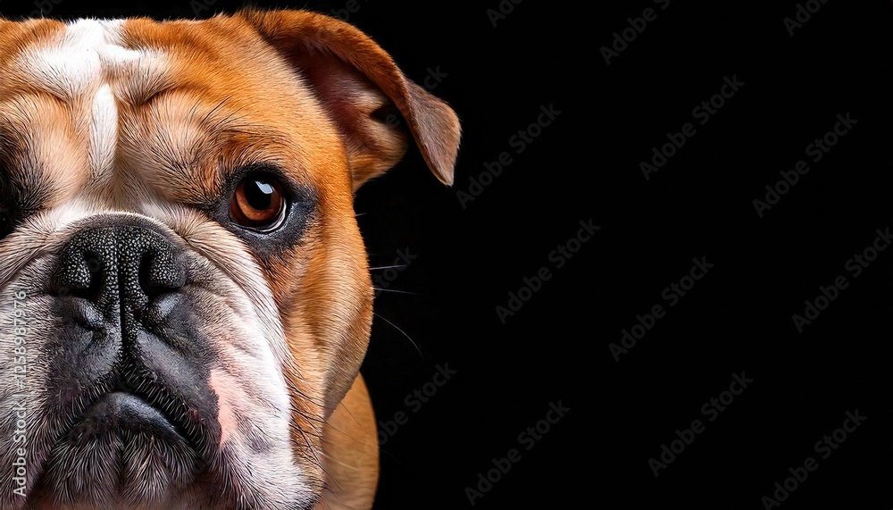 Bulldog portrait on black background showcasing expressive eyes and textured fur Bulldog portrait on black background showcasing expressive eyes and textured fur