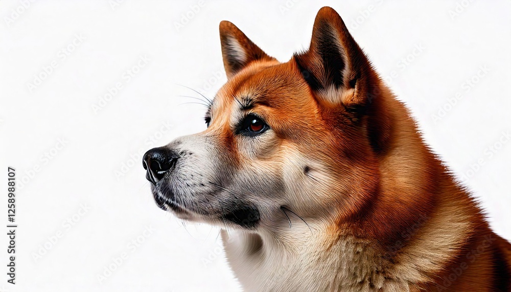 Dog in profile against a white background showcasing its striking features and fur Dog in profile against a white background showcasing its striking features and fur