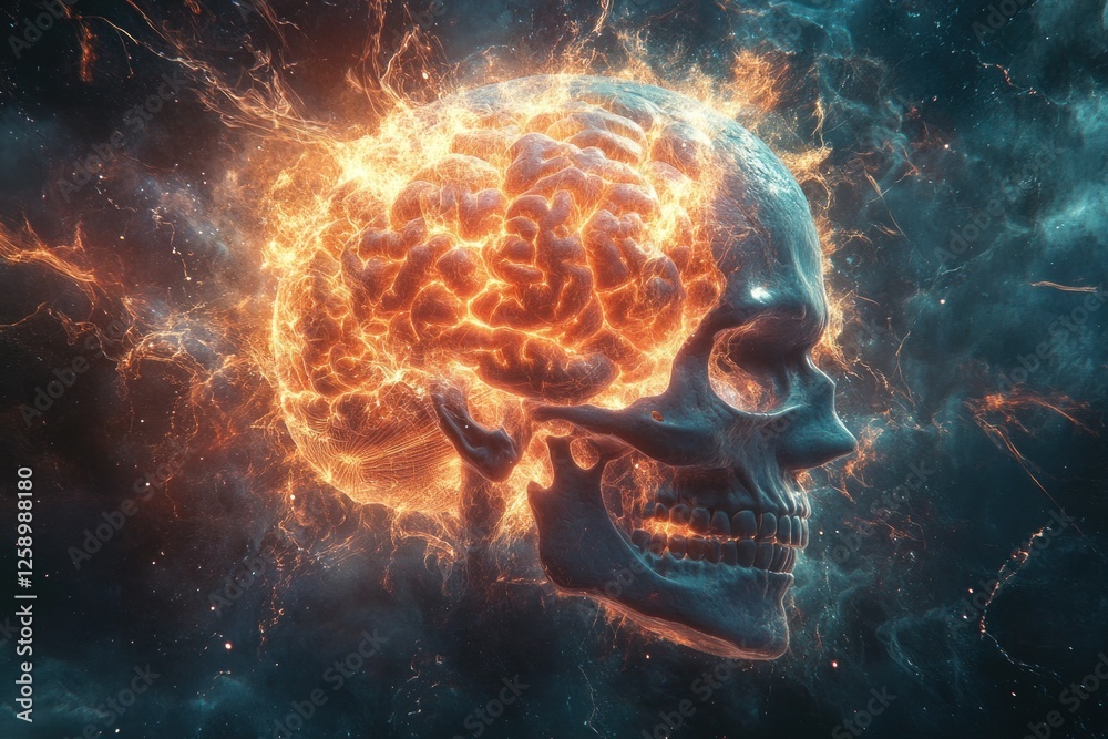 Imagine a brain exploding within a skull, representing intellect against a captivating cosmic backdrop Imagine a brain exploding within a skull, representing intellect against a captivating cosmic backdrop