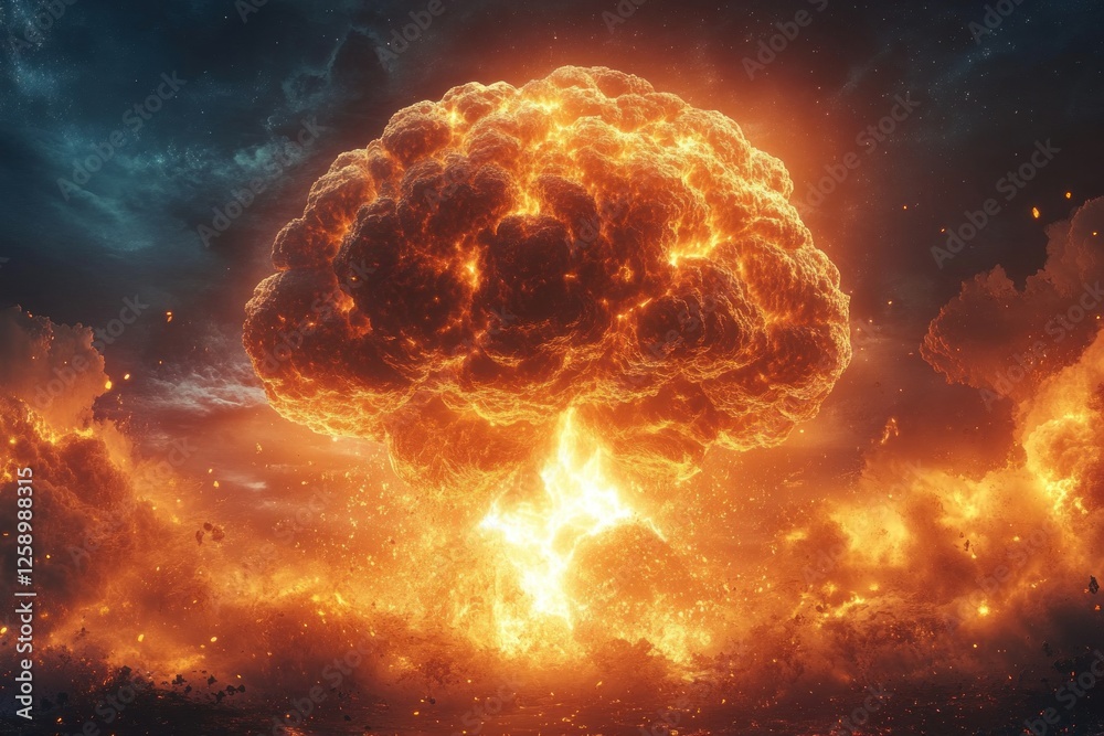 A massive nuclear explosion erupts, sending a fiery mushroom cloud into the sky, illuminating the surrounding area with intense light A massive nuclear explosion erupts, sending a fiery mushroom cloud into the sky, illuminating the surrounding area with intense light