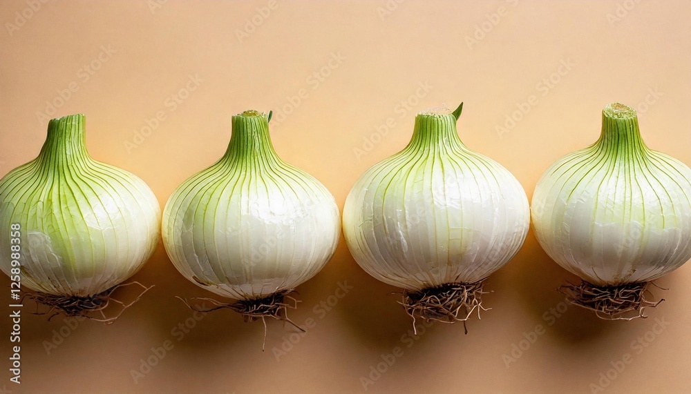 Obraz premium Freshly harvested onions lined up on a light background showcasing their textures and colors