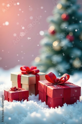 Gift boxes nestled in snowy drifts, festive backdrop, green, image, graphics