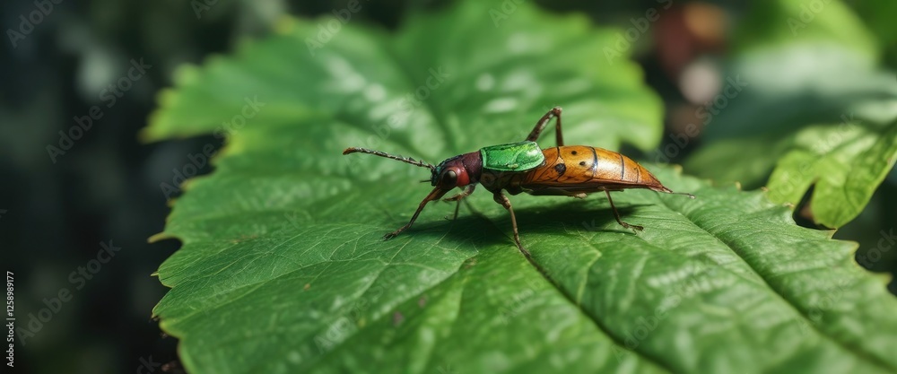 colorful insect moving slowly on a green leaf surface, leaf surface, botanical scene, insect on leaf colorful insect moving slowly on a green leaf surface, leaf surface, botanical scene, insect on leaf