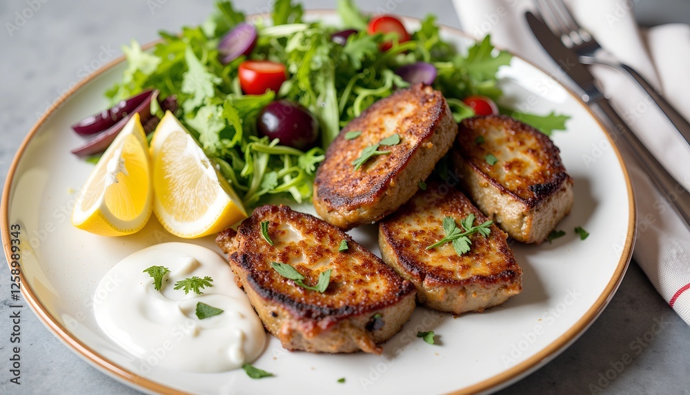 Crispy lamb cutlets with salad and yogurt sauce, balanced meal. Crispy lamb cutlets with salad and yogurt sauce, balanced meal.