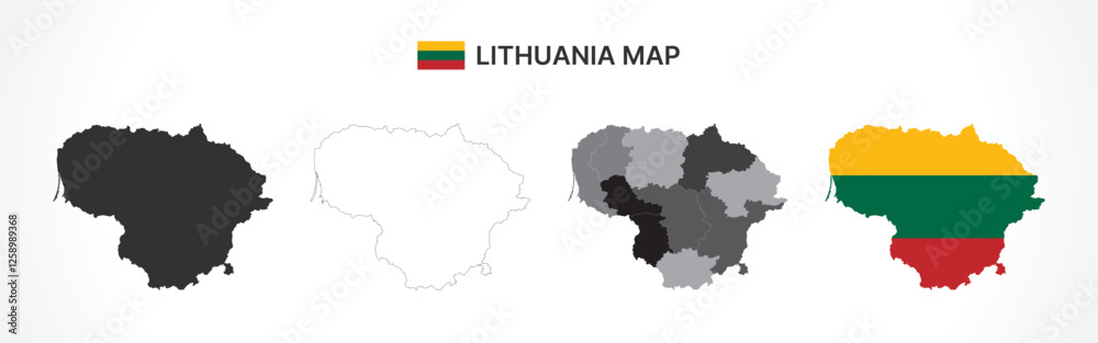 Obraz premium Detailed Lithuania Map Collection with Outline, Silhouette, Counties, and Flag Overlay Variations
