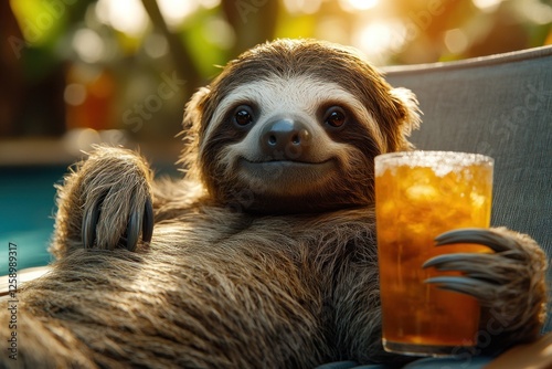 A sloth peacefully lounges in the sun, holding a refreshing cocktail, embodying a carefree vacation vibe amidst lush greenery