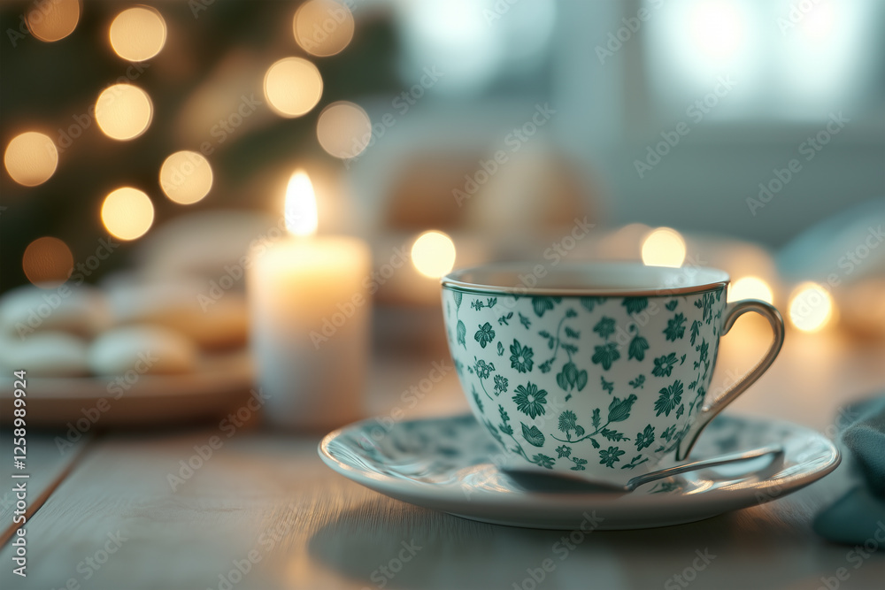 Warm cup of tea on a cozy table with soft candlelight and festive decorations during a winter evening Warm cup of tea on a cozy table with soft candlelight and festive decorations during a winter evening