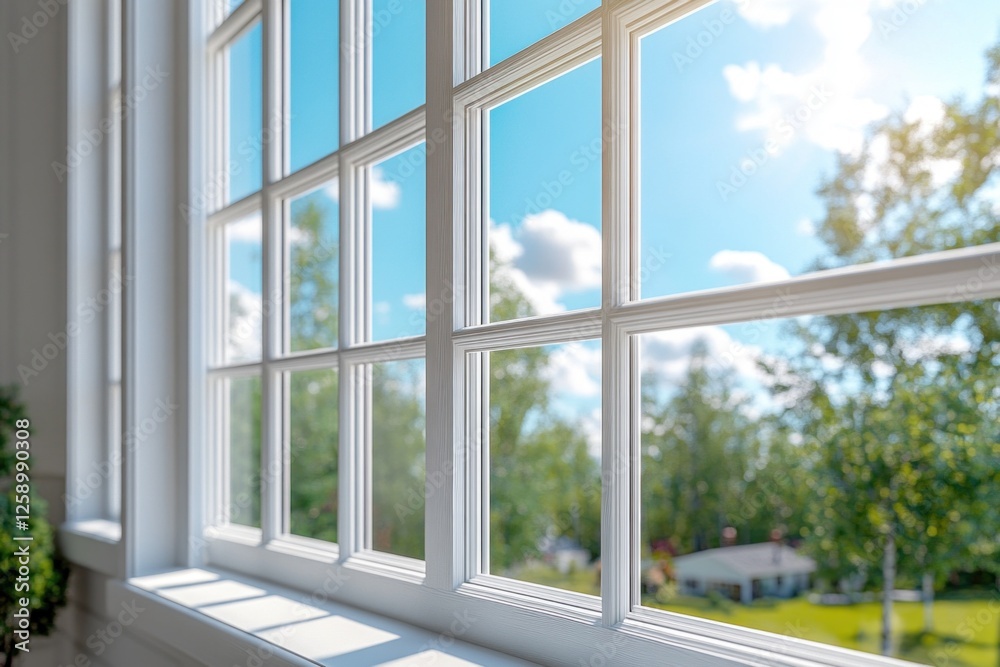 Natural light fills a closeup of a white wooden window, showcasing a serene outdoor view with trees and a clear sky