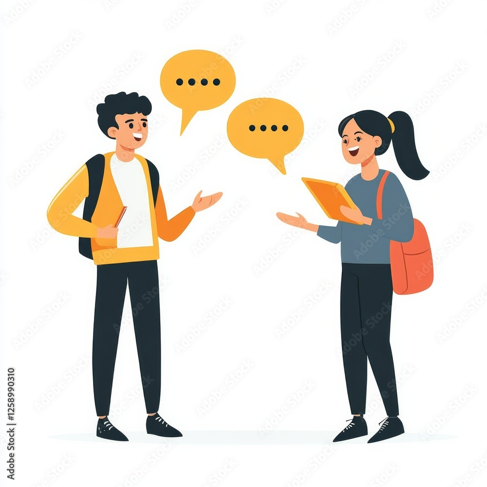 Illustrated student interaction with backpacks and speech bubbles Illustrated student interaction with backpacks and speech bubbles