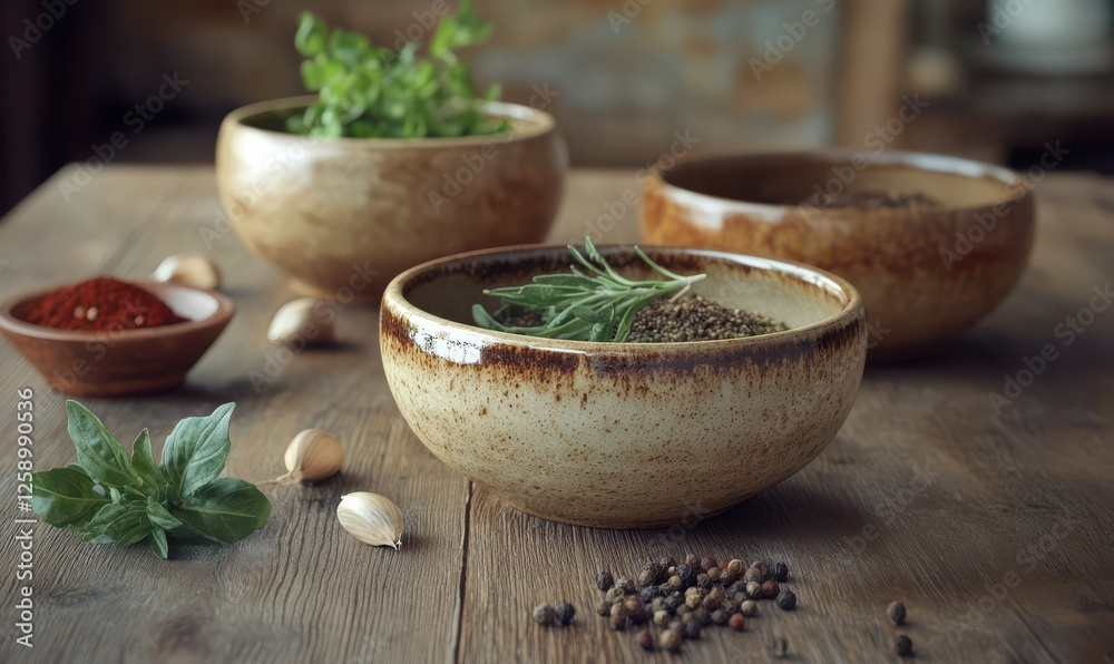 Rustic ceramic bowls filled with assorted spices and herbs, styled on a textured wooden table for an earthy cooking concept Rustic ceramic bowls filled with assorted spices and herbs, styled on a textured wooden table for an earthy cooking concept