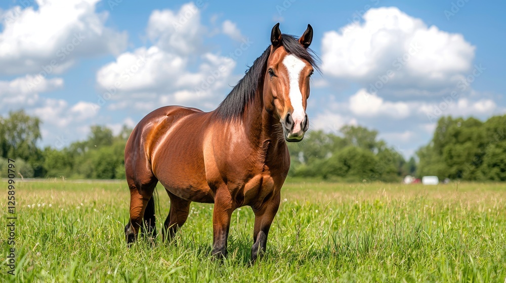 Chestnut horse in summer pasture, blue sky Chestnut horse in summer pasture, blue sky