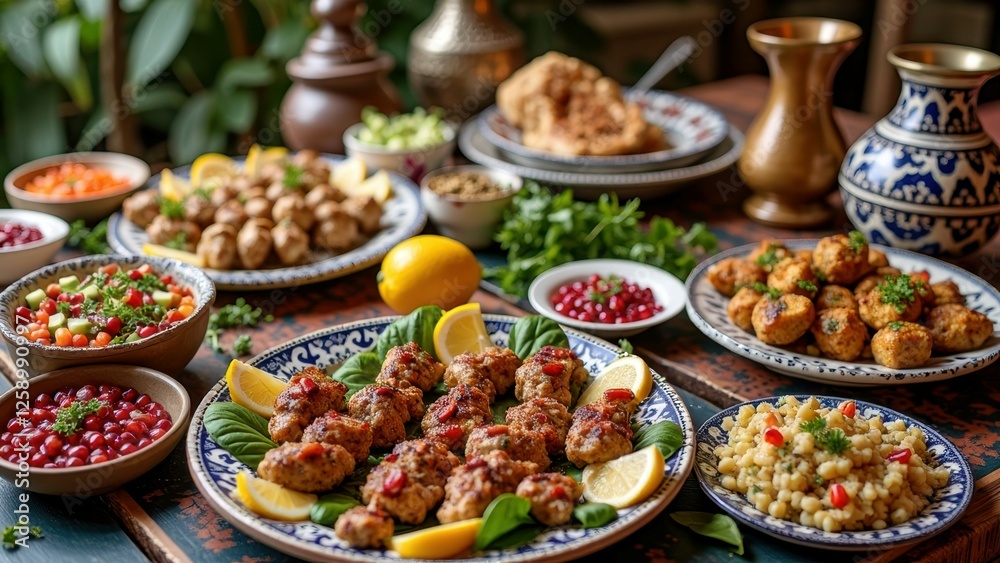 Vibrant middle eastern feast with kebabs, grains, and fresh garnishes Vibrant middle eastern feast with kebabs, grains, and fresh garnishes