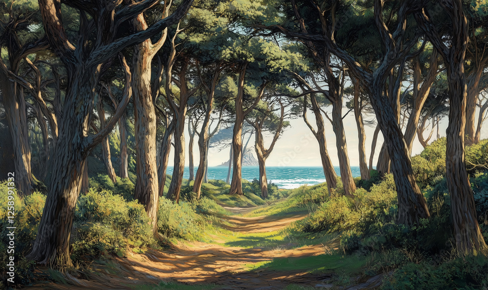 Naklejka premium Enchanting secluded coastal forest adorned with towering trees and lush foliage offering serene retreat experiences