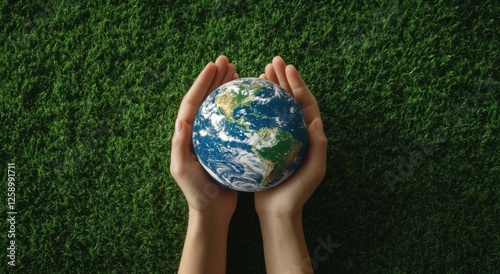 Hands hold the Earth gently, emphasizing the importance of protecting our planet and promoting environmental sustainability and awareness.